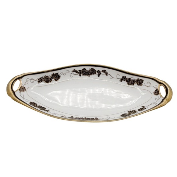 Nippon (Unidentified Decorating Studio) Other - Antique Hand‎ Painted Nippon Celery Dish Black Gold Grapes Porcelain c1900